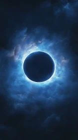 Luminous blue eclipse sphere suspended in turbulent cosmic fog