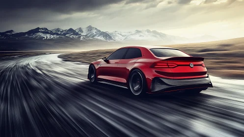 Aerodynamic red concept hatchback on dynamic alpine highway.