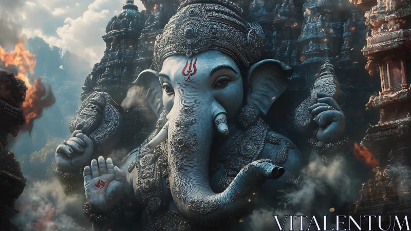 Monumental Ganesha stone colossus amid burning temple ruins