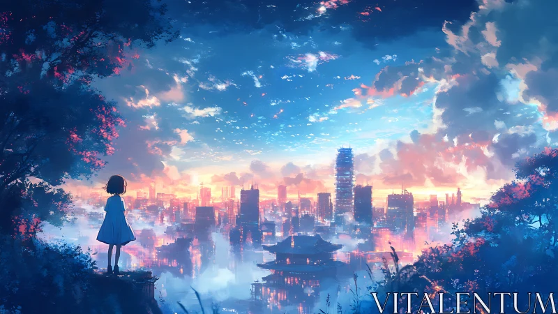 Backlit figure studies neon city skyline under luminous stratiform clouds