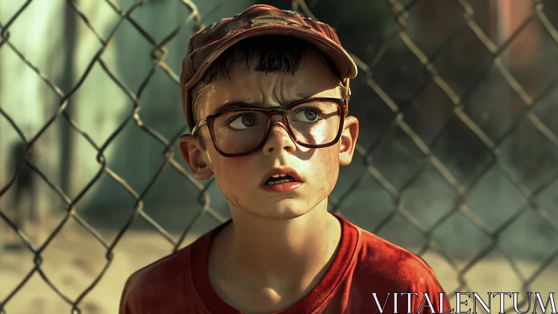 Worried boy in oversized glasses stands by chain-link fence.