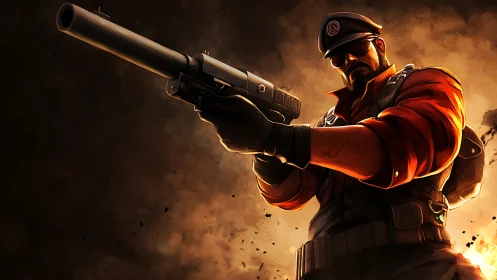 Tactical marksman aiming silenced pistol in dramatic backlight