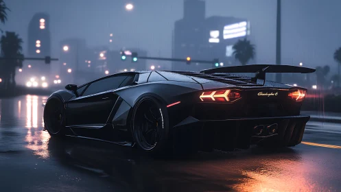 Black supercar waits on wet city street under neon rain
