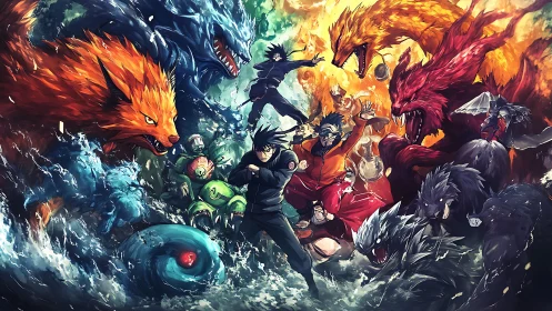 Epic ninja showdown surrounded by vivid elemental beasts.