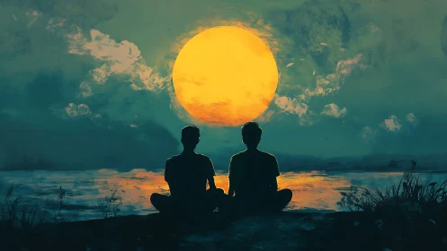 Silhouetted duo watching oversize sun above reflective lake.