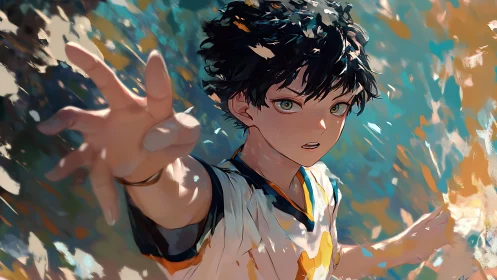 Young figure extending hand in dynamic painted scene.