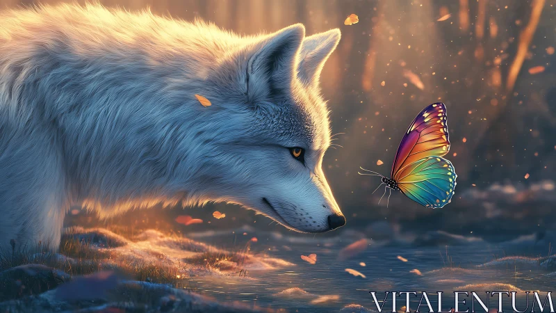 Moonlit wolf studies a rainbow butterfly in hushed wonder