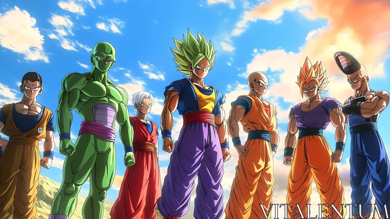 Anime team lineup under dynamic sky, frontal group composition.