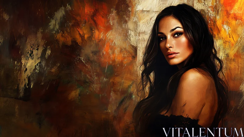 Fiery portrait of a contemplative woman in abstract dusk tones.