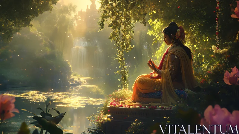 Divine woman meditating beside luminous forest waterfall.