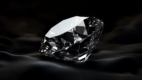 Brilliant cut diamond rests on dark silk in moody light
