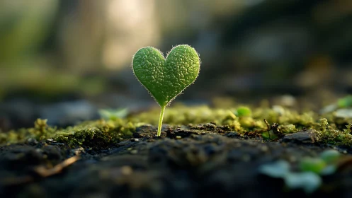 Heart-shaped seedling emerging from mossy forest floor.