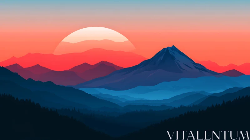 Chromatic stratified mountain ranges under geometric sunset.