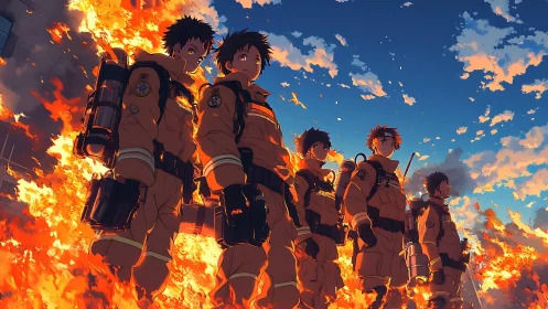 Brave anime firefighters advancing through roaring flames.