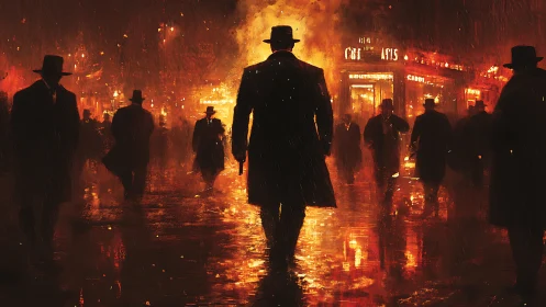 Silhouetted figures cross a rain-soaked neon city street at night