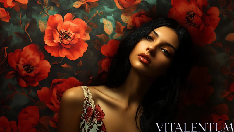 Digital portrait of woman posed against red floral backdrop