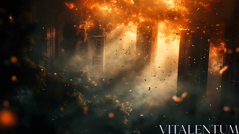 Urban Inferno: Dystopian Skyline Erupts in Cascading Flame.