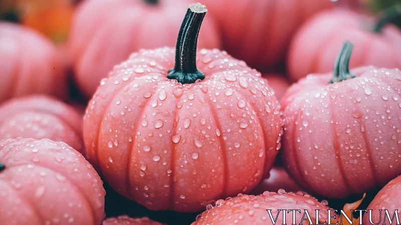 Dew-kissed pink pumpkins glow softly in a cool autumn light