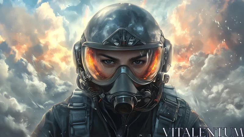 Futuristic fighter pilot amid blazing storm clouds sky.