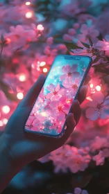 Blossoms in your hand, phone-lit springtime daydream.