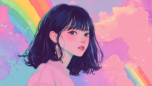 Pastel anime girl beneath rainbow sky in soft clouds.