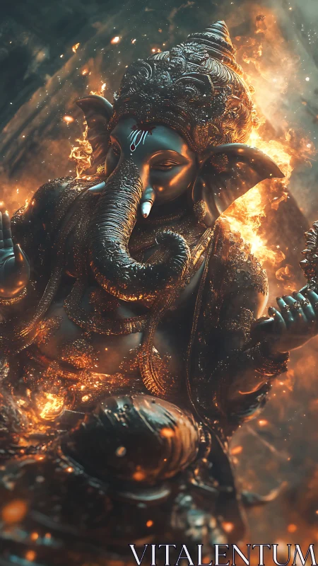 3D deific sculpture with molten firelit ornamentation.