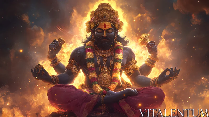 Fiery multi-armed deity meditates amid swirling cosmic flames.