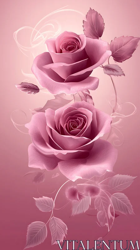 Pink Roses with Swirling Leaves Against Gradient Background.