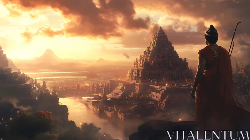 Figure surveys stepped pyramid city under diffuse sunset light