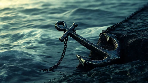 Chromed maritime anchor on wet stone under teal dusk light.