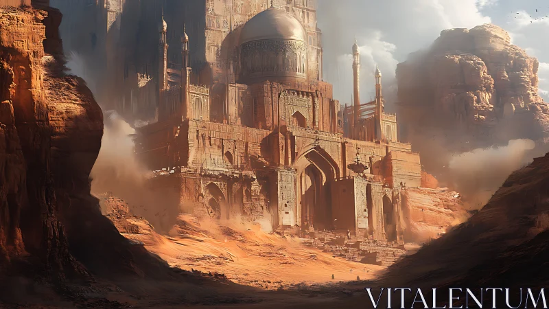 Sunlit desert citadel rising from sculpted sandstone cliffs.