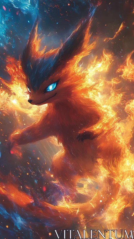 Fiery fox spirit leaping through a glowing cosmic blaze.