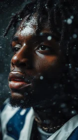 Glimmering close-up portrait in cinematic snowfall glow.