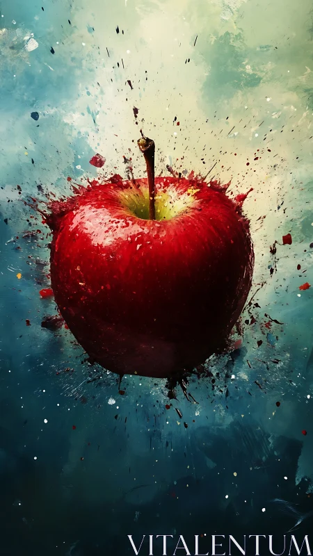 Exploding red apple suspended in vibrant abstract space.