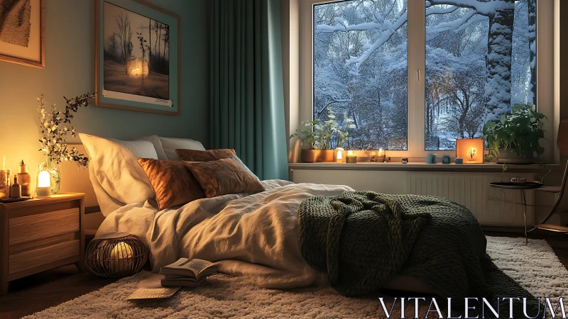 Cozy bedroom interior overlooks snowy forest through window