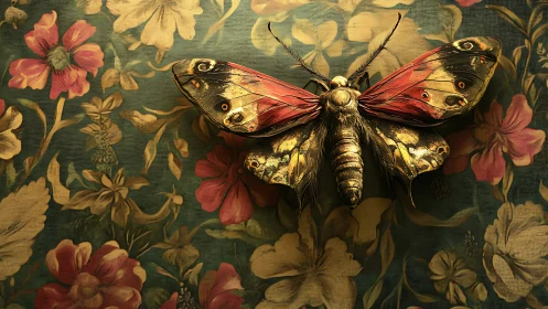 Moth rests on detailed floral wallpaper with textured lighting