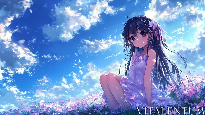 Anime girl sitting in bright flower field under sky.