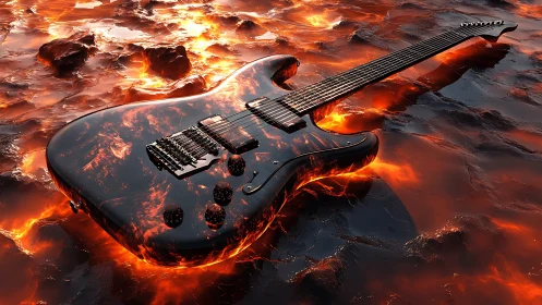 Electric guitar with lava-textured body on molten surface.
