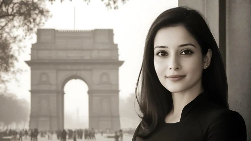 Monochrome portrait near monumental stone triumphal archway.