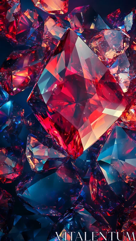 Crimson prisms drift through electric sapphire gemstone tides