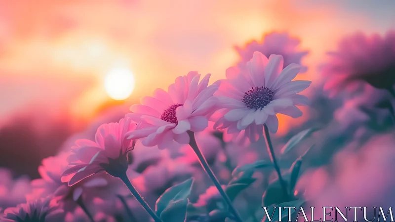 Pink daisies at sunset with solar disk in background.