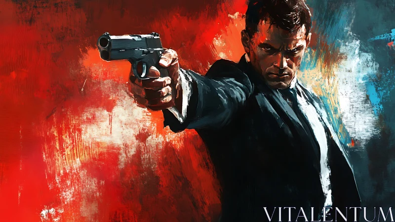 Intense suited agent aims forward against bold red backdrop