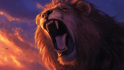 Roaring lion profile under dramatic twilight sky lighting.