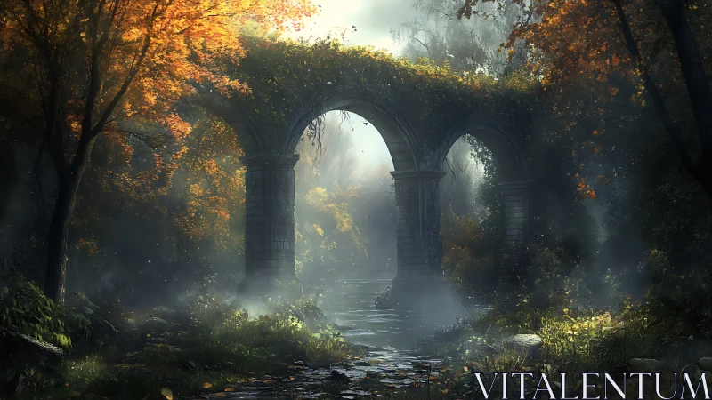 Ancient stone archway spans misted forest river in backlight