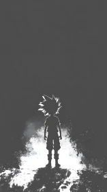 Silhouetted anime boy stands over glowing abstract ground.