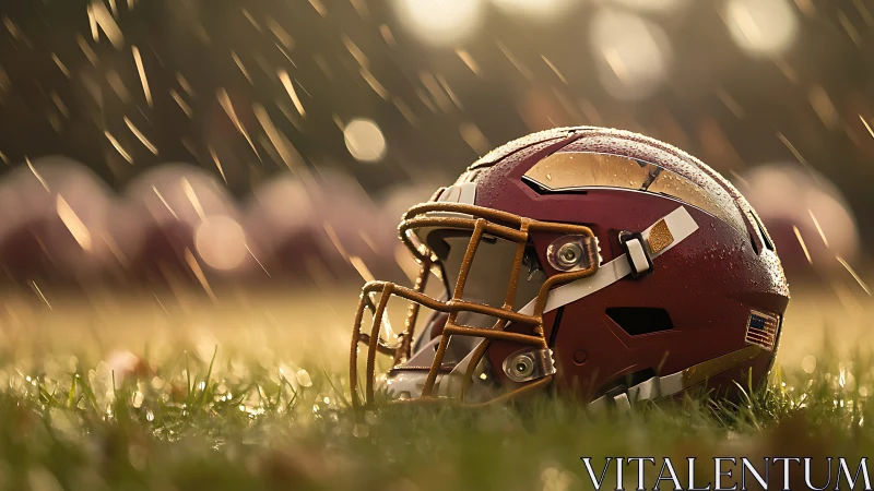 Football helmet on wet field under falling rain at dusk.