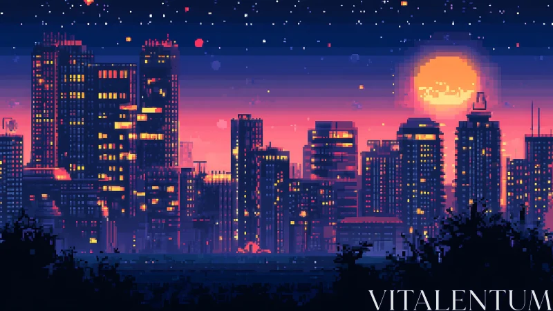 Pixelated high-rise skyline under sunset and night sky.