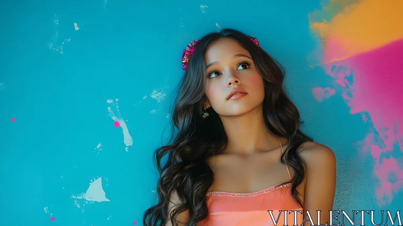 Digital portrait girl against bright turquoise graffiti wall.