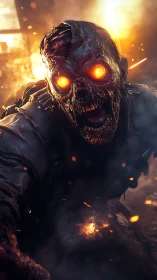 Flaming-eyed zombie lunges forward through burning chaos.