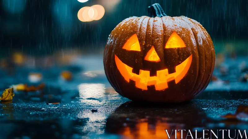 Glowing jack o lantern reflects on rain soaked pavement.